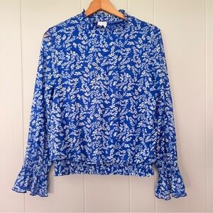Luna Blue White Floral Long Semi Sheer Sleeve Ruffle Neck Coastal Preppy Top L